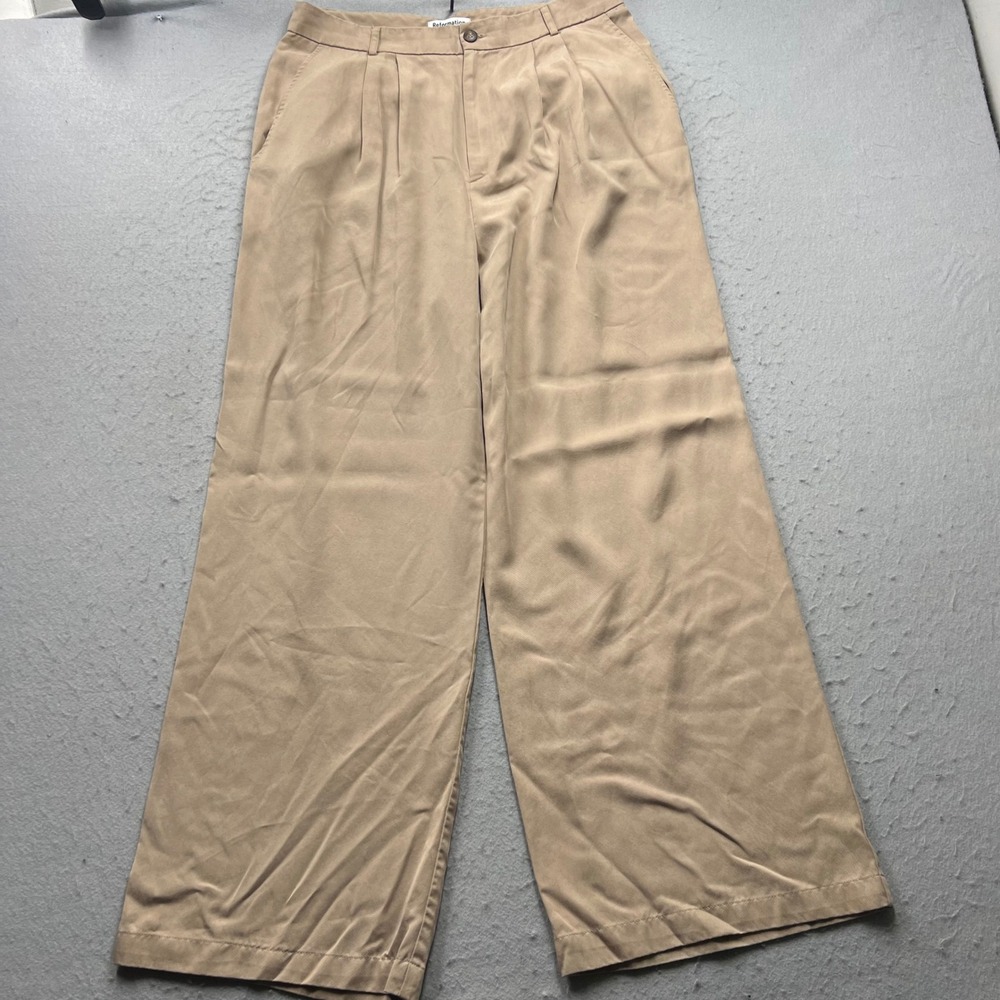 Reformation Mason Pants Khaki Tan Wide Leg Pleated Tencel Trousers Size 12 USA